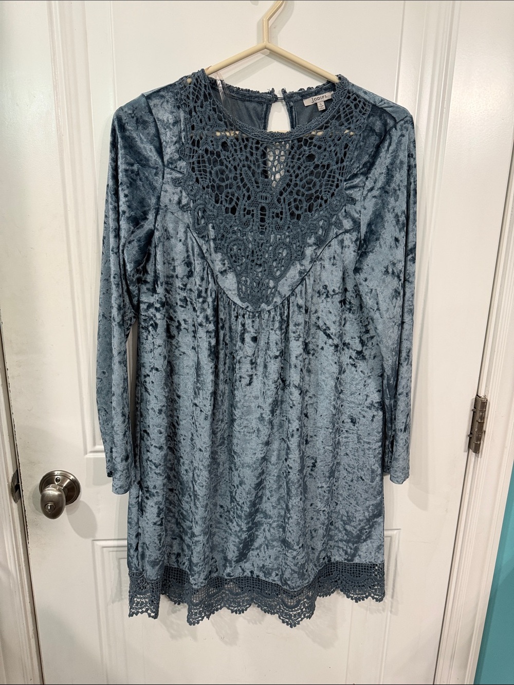 JODIFL Slate Blue Crushed Velvet Crochet Yoke Long Sleeve Dress
